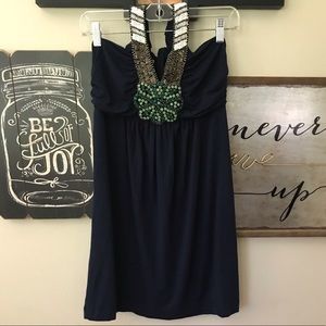Navy Blue Halter Dress with Bead Detail